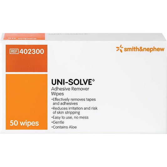 Smith and Nephew Uni-Solve Adhesive Remover Wipes front view box of 50