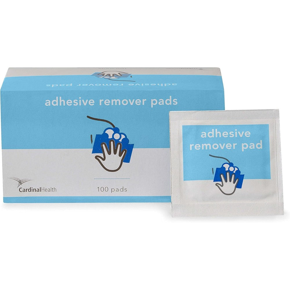 Cardinal Health Adhesive Remover Pad box of 100 individually wrapped medical wipes for skin residue removal.