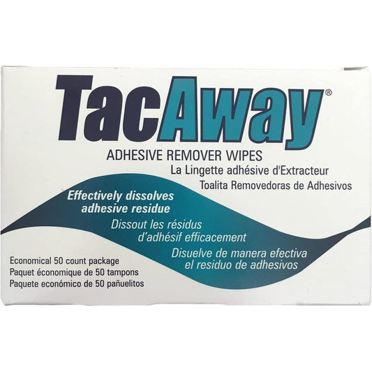 Torbot TacAway Adhesive Remover Wipes 50 Box front view for medical adhesive removal.