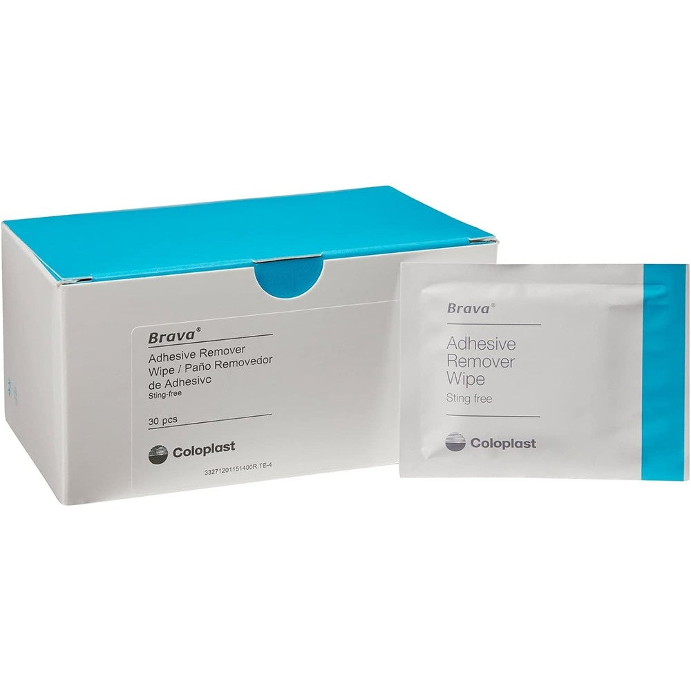 Coloplast Brava Adhesive Remover Wipes box front view medical adhesive removal