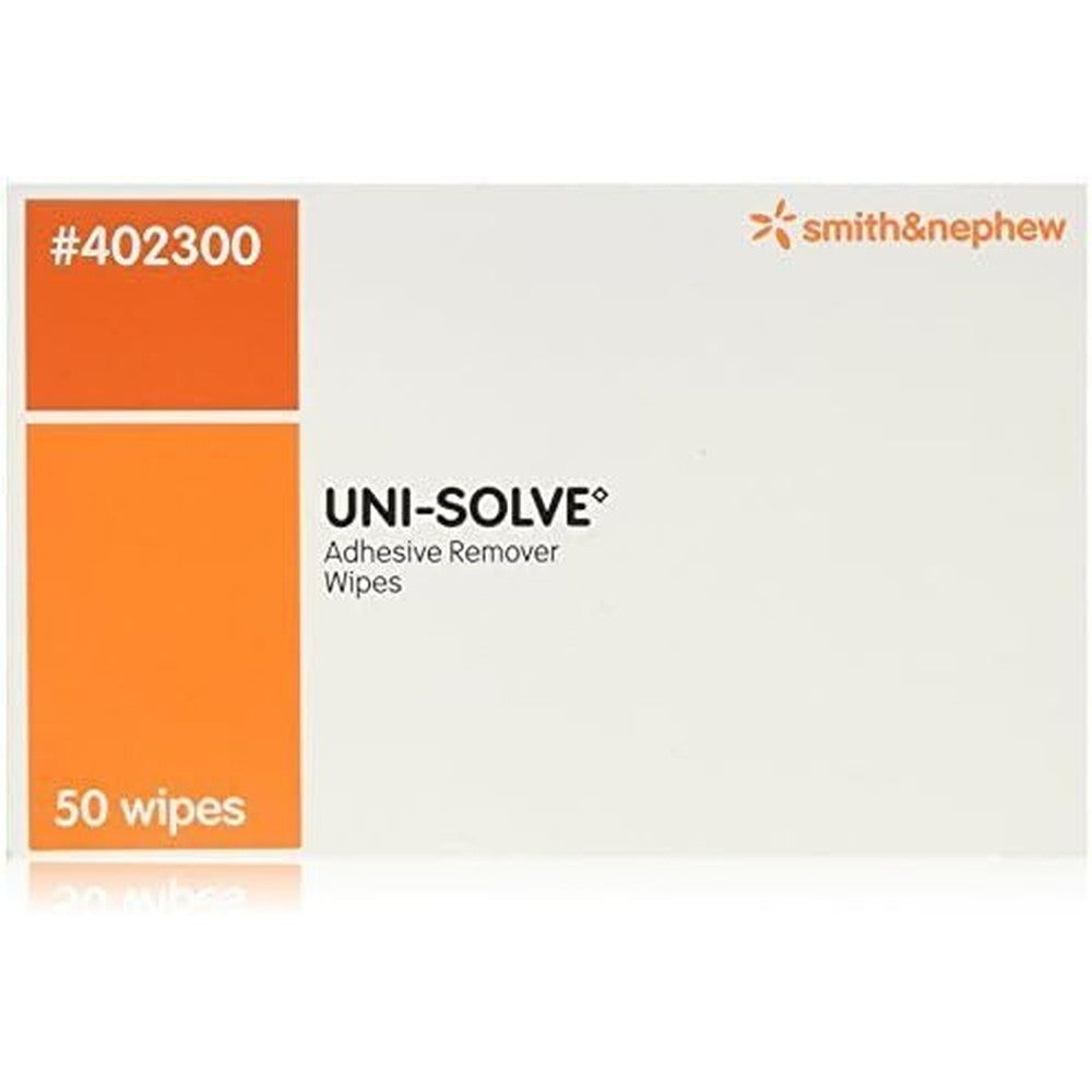 Smith and Nephew Uni-Solve Adhesive Remover Wipes 50 count box front view for medical residue removal