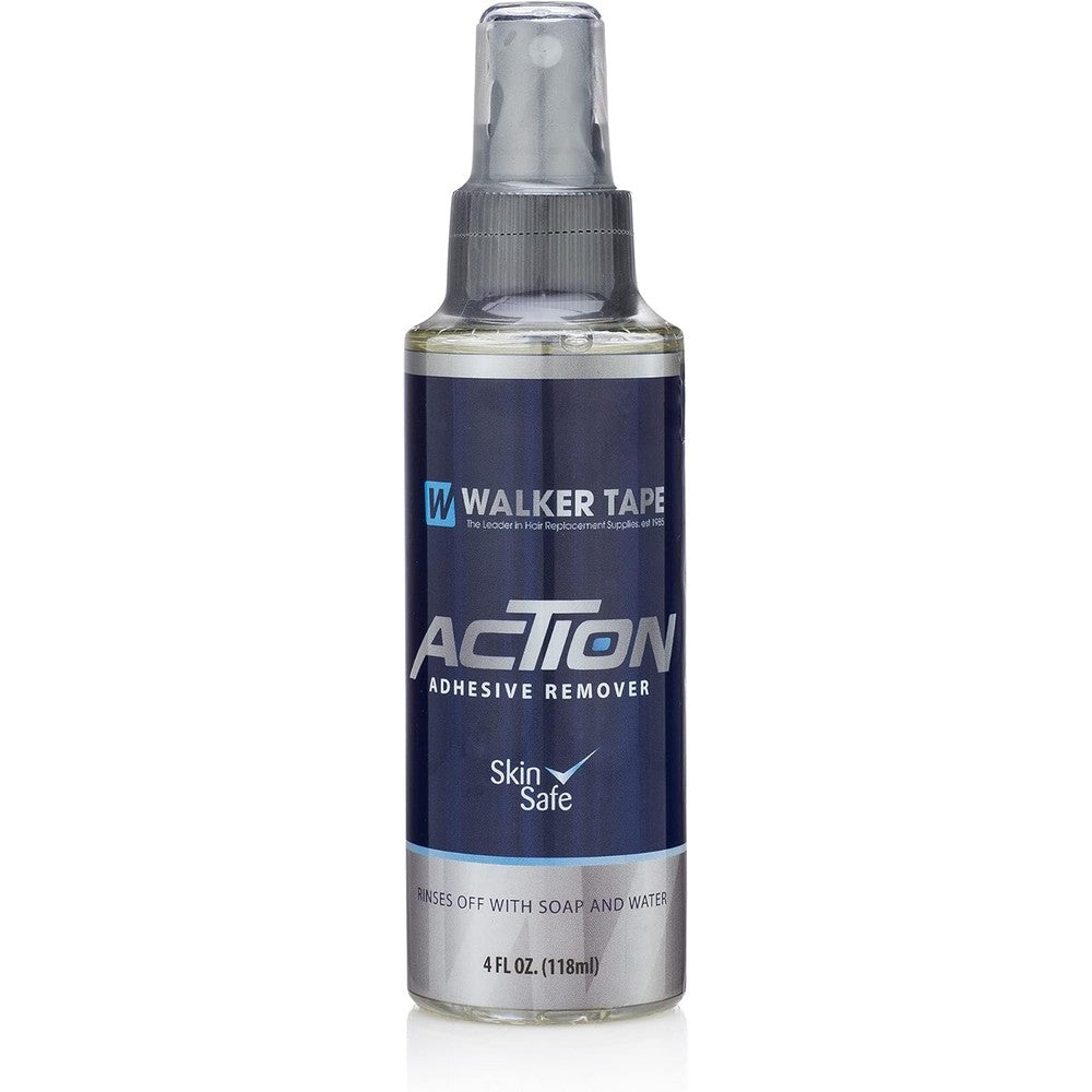 Walker Tape Action Skin Safe Adhesive Remover 4 Ounce spray bottle front view for hair system maintenance.