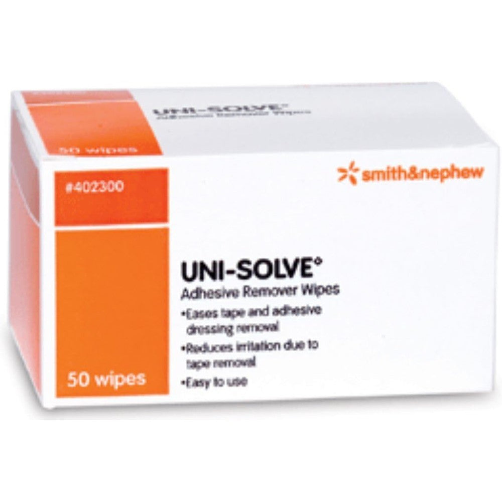Smith & Nephew Uni-Solve Adhesive Remover Wipes 50 Count box front view for medical residue removal.