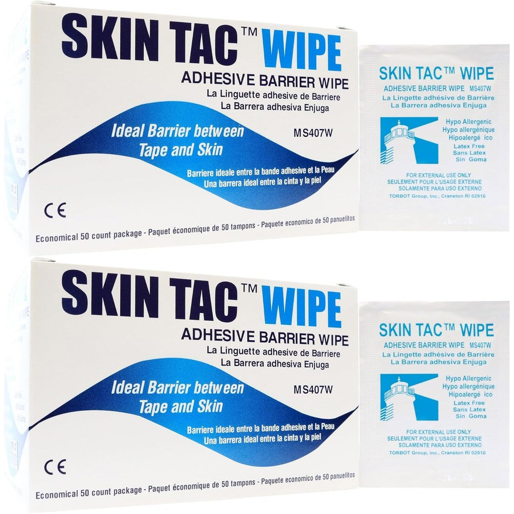 Torbot Skin Tac Adhesive Barrier Wipes 2 Box Pack front view for medical device adhesion.