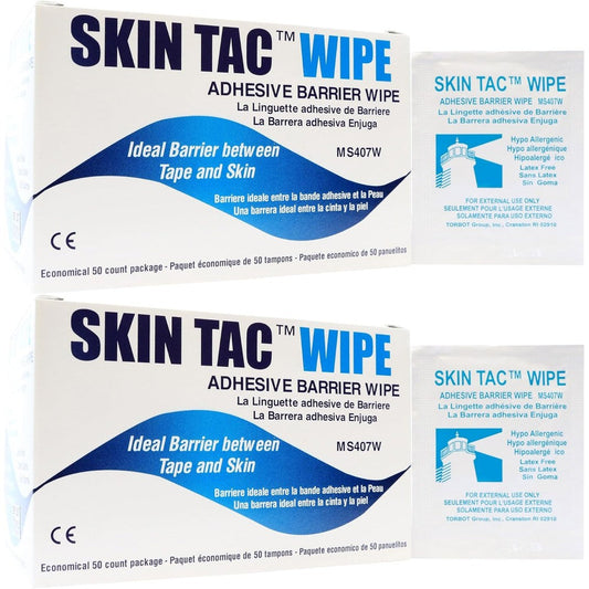 Torbot Skin Tac Adhesive Barrier Wipes 2 Box Pack front view for medical device adhesion.