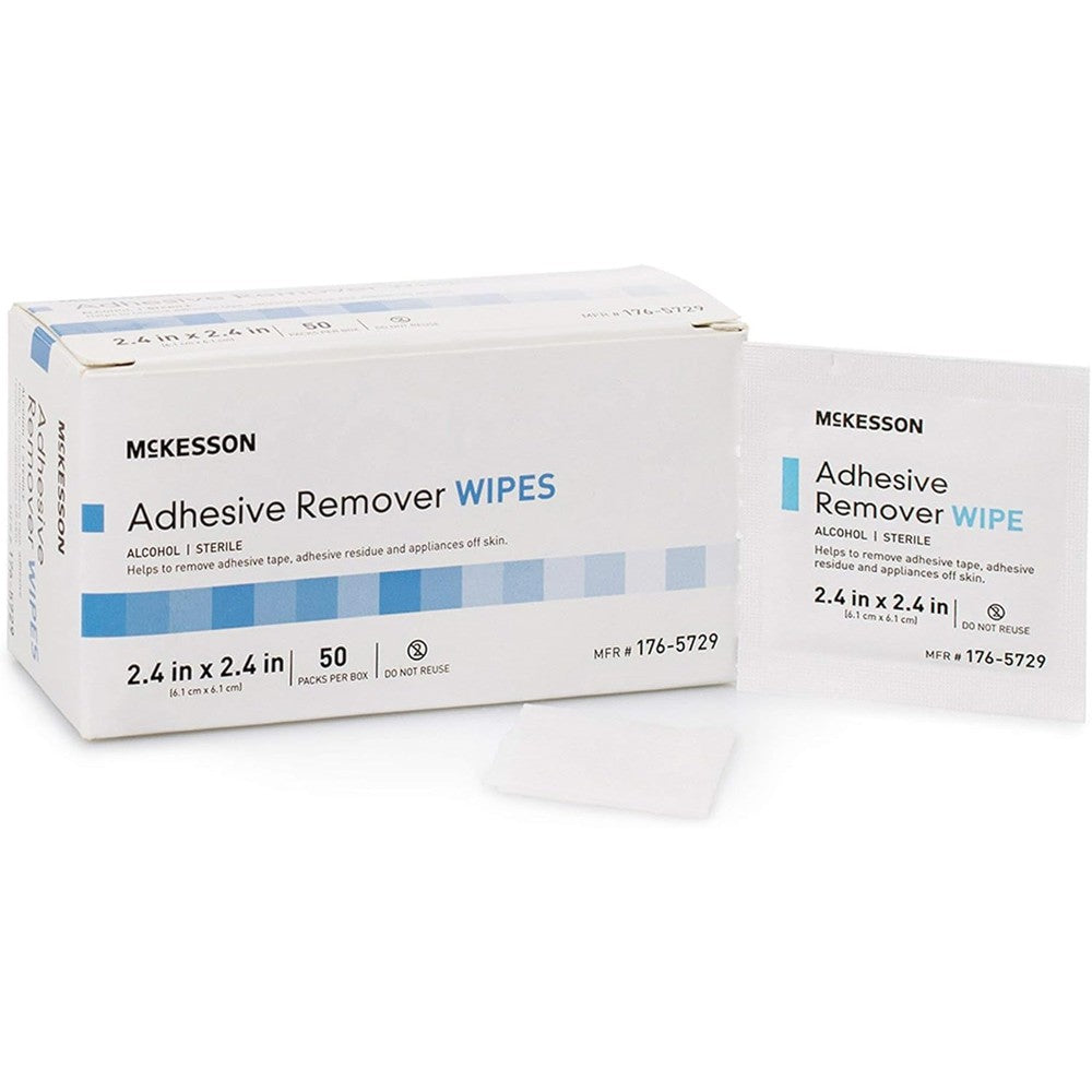 McKesson Adhesive Remover Wipes front view of the 50 count box for medical residue removal.
