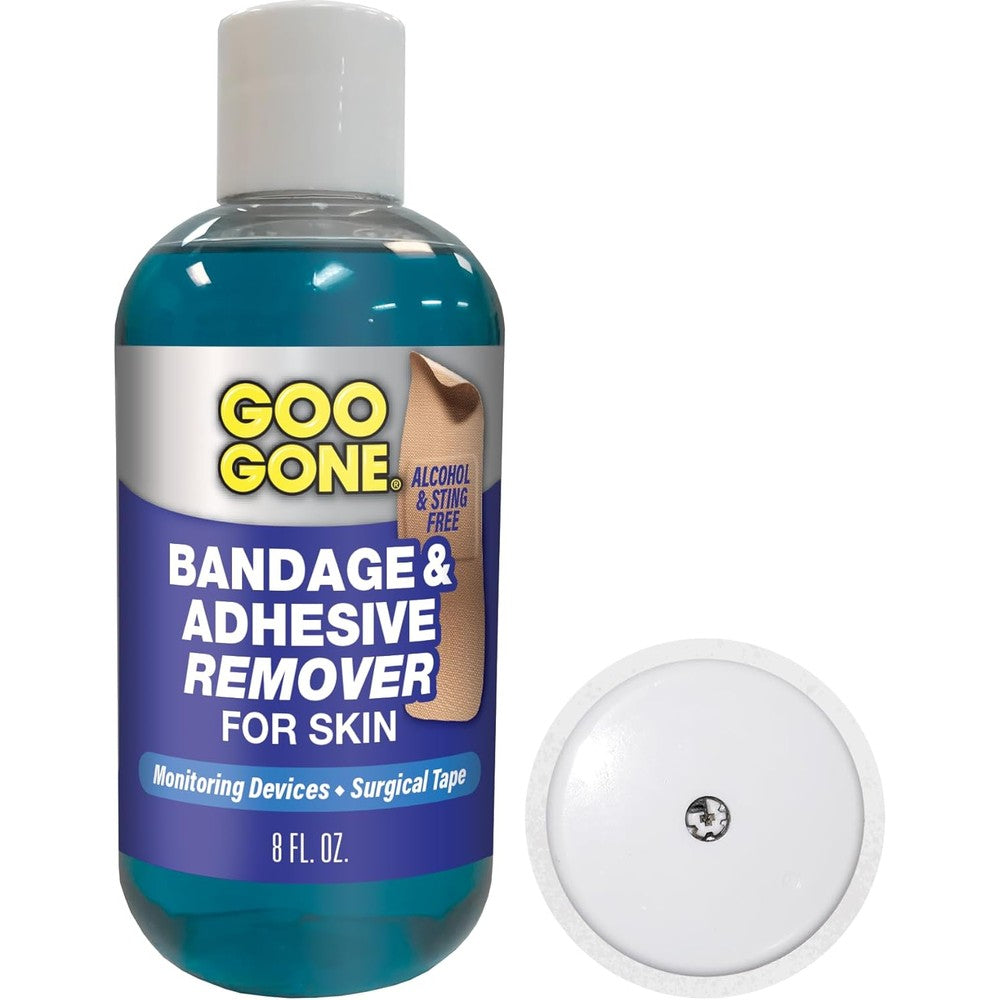 Goo Gone Skin Adhesive Remover front view of the eight ounce bottle highlighting the alcohol free and sting free label.