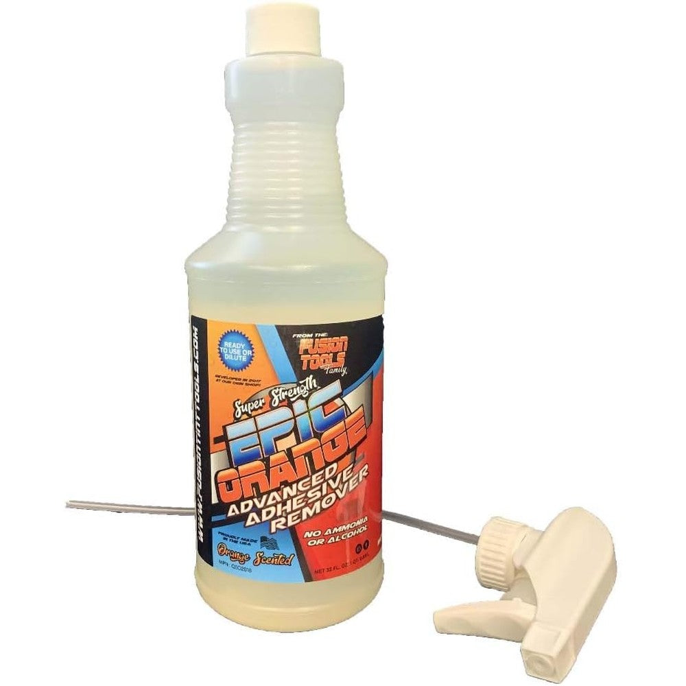 Fusion Tint Vinyl and PPF Tools Epic Orange Adhesive Remover 32 Ounce bottle front view for automotive detailing.