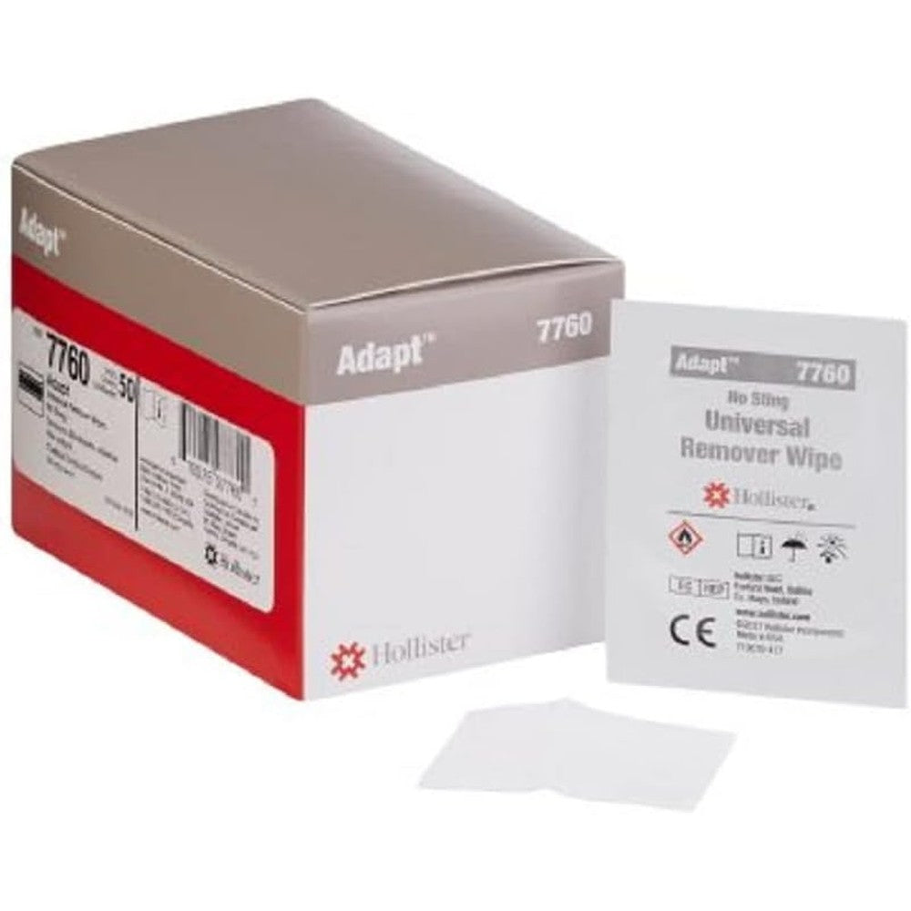 Hollister Adapt Adhesive and Barrier Remover 7760 box front view medical ostomy wipes.