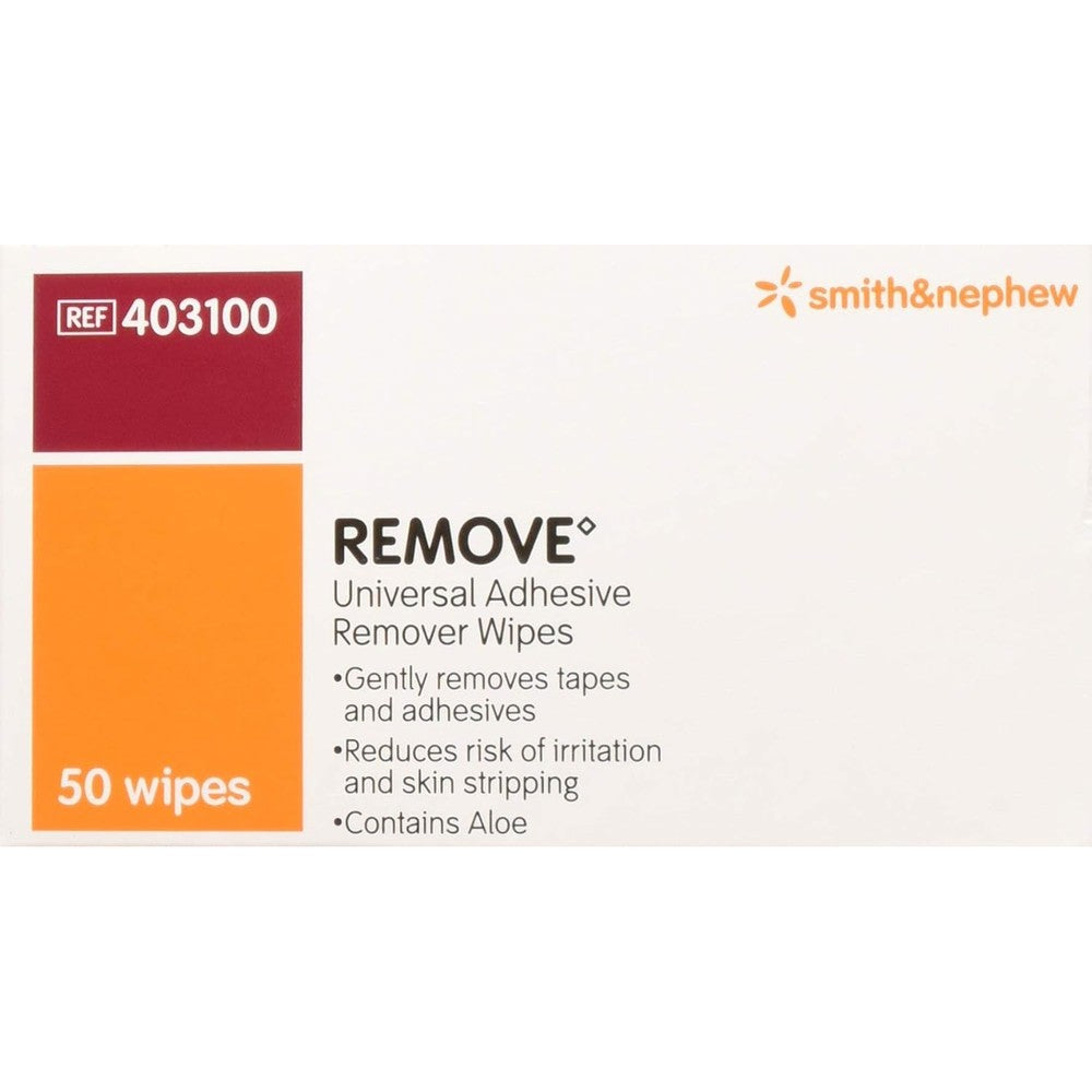 Smith and Nephew Remove Adhesive Remover Wipes 4 Pack box front view for medical adhesive cleaning.