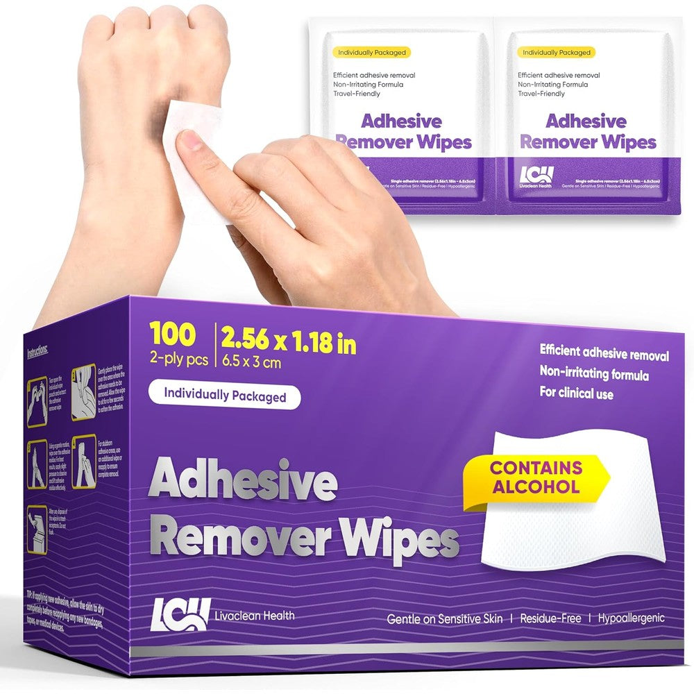 Livaclean Health Adhesive Remover Wipes 100 count box front view for medical residue removal.