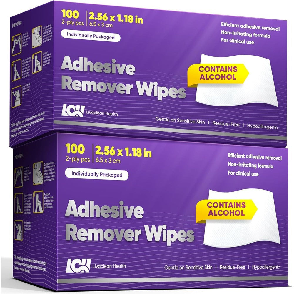 Livaclean Health adhesive remover wipes 200 count pack front view for medical tape removal