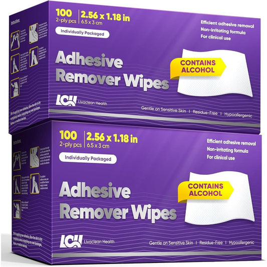 Livaclean Health adhesive remover wipes 200 count pack front view for medical tape removal