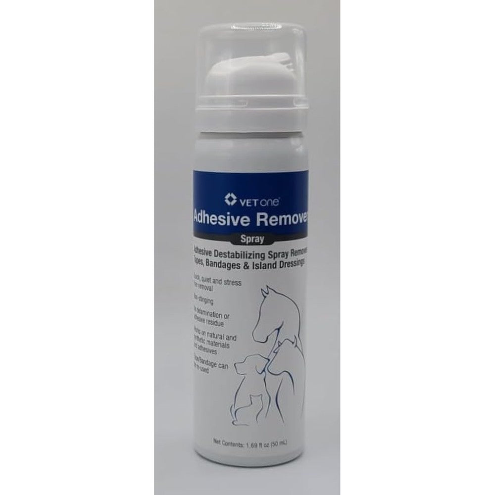 Vet One Adhesive Remover Spray 50mL bottle front view for painless pet bandage removal.
