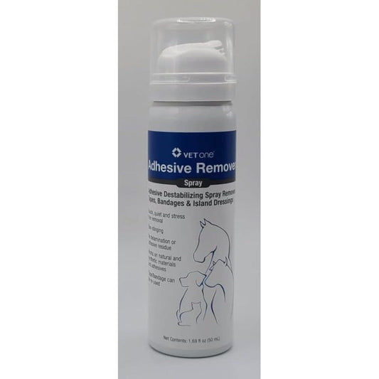 Vet One Adhesive Remover Spray 50mL bottle front view for painless pet bandage removal.