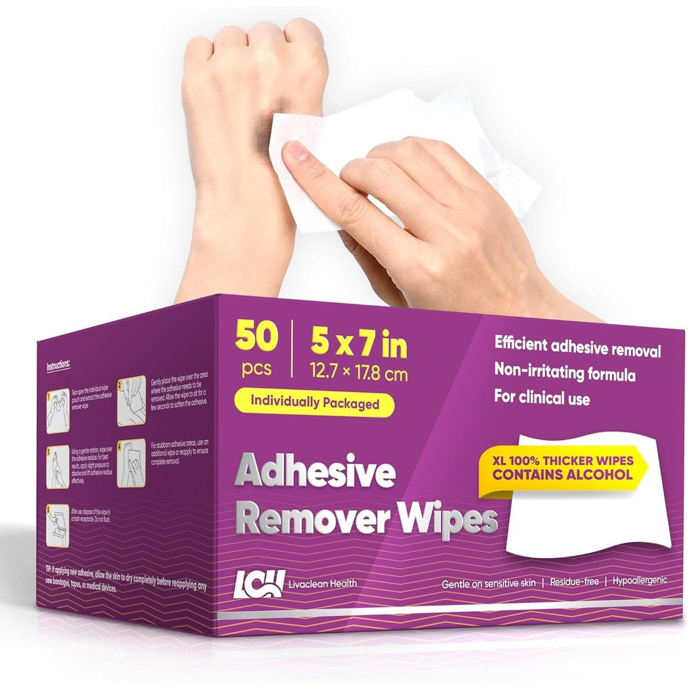 Livaclean Health Large Adhesive Remover Wipes 50 count box front view for medical skin care