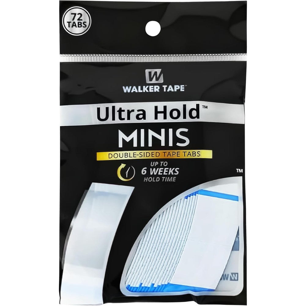 Walker Tape Ultra Hold Mini Tabs front view packaging showcasing the two hundred sixteen pieces of double sided wig tape tabs.