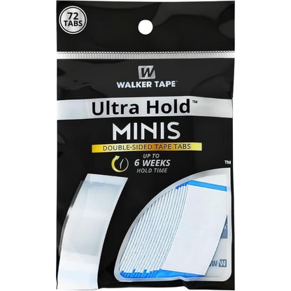 Walker Tape Ultra Hold Mini Tabs front view packaging showcasing the two hundred sixteen pieces of double sided wig tape tabs.
