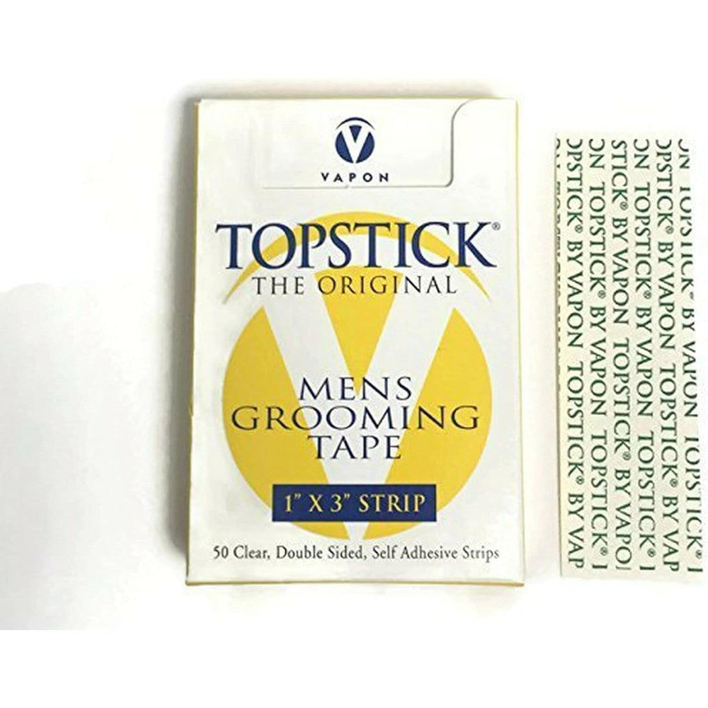 Vapon Topstick one inch by three inch straight strips fifty pieces box front view showing authentic imported double sided hairpiece tape packaging