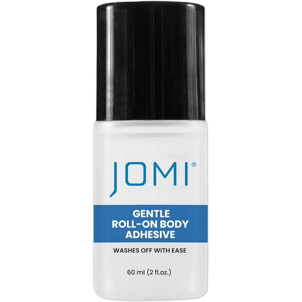 Jomi Compression Premium Roll On Body Glue front view of the clear liquid fashion tape bottle with roller applicator