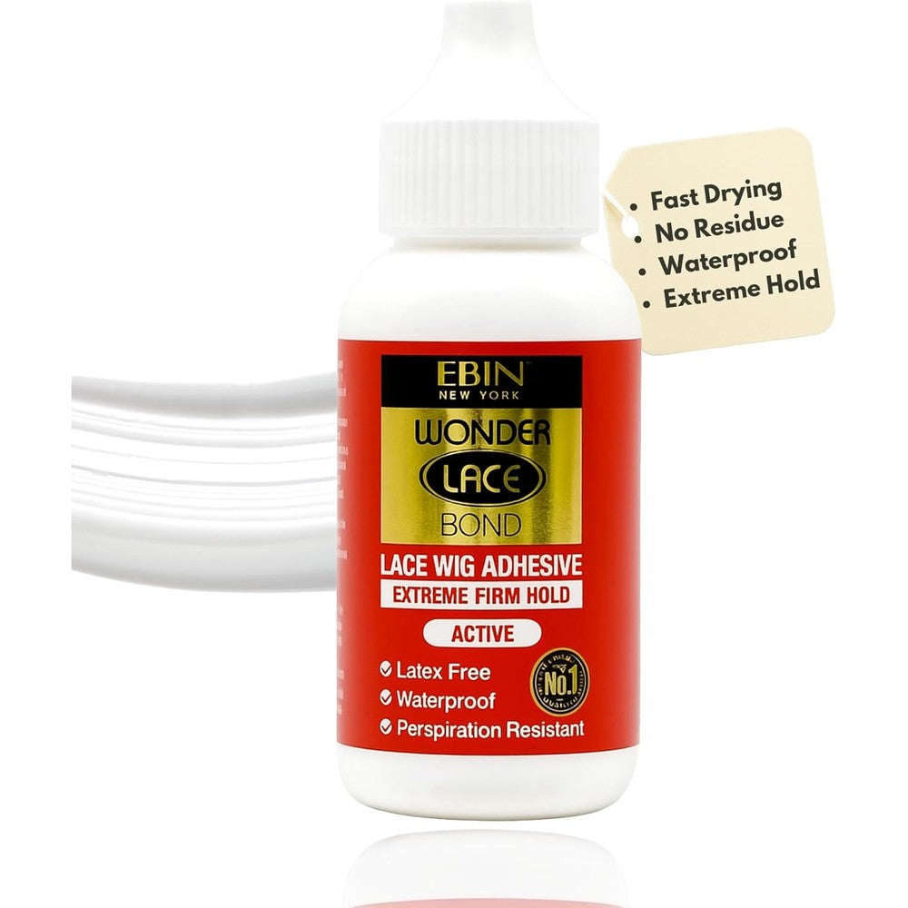 Ebin New York Wonder Lace Bond Wig Adhesive front view bottle showing extreme firm hold branding.