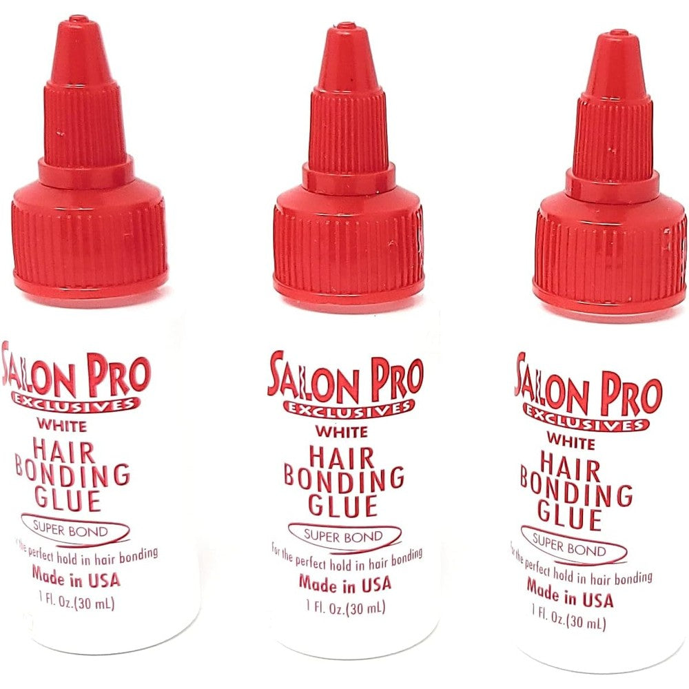 Salon Pro White Hair Bonding Glue Super Bond pack of three front view displaying the bottle labels.