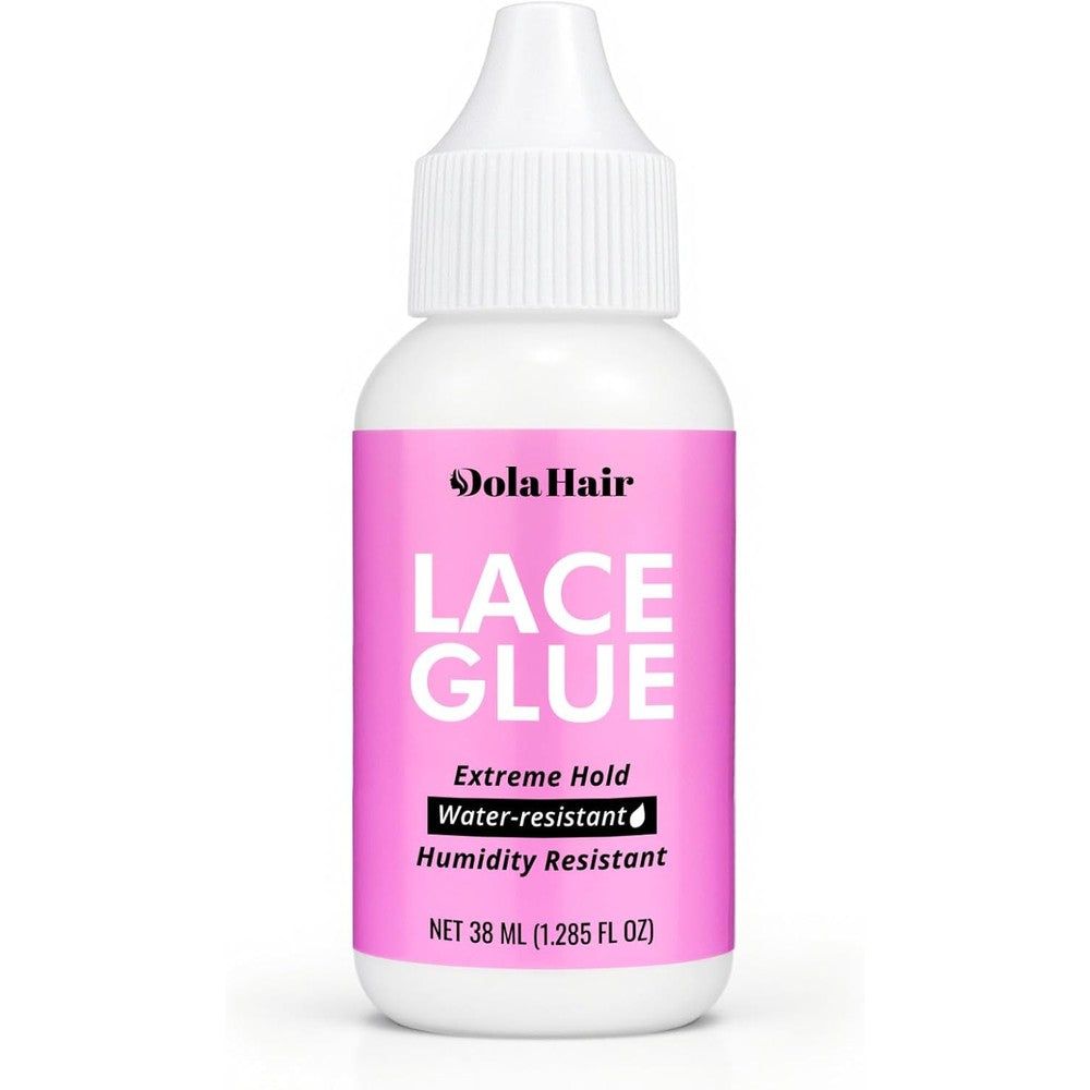 Dolahair Extreme Hold Lace Glue front view of the 1.3 Ounce bottle showcasing product branding and waterproof claims.