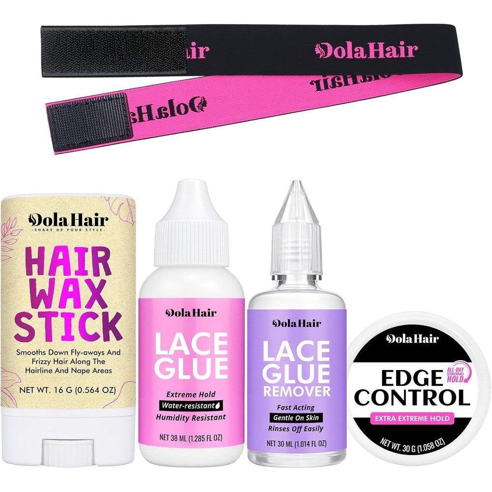 Dolahair Lace Wig Glue Kit five piece set front view showing adhesive and styling products for secure hair replacement.