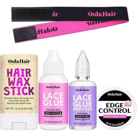Dolahair Lace Wig Glue Kit five piece set front view showing adhesive and styling products for secure hair replacement.