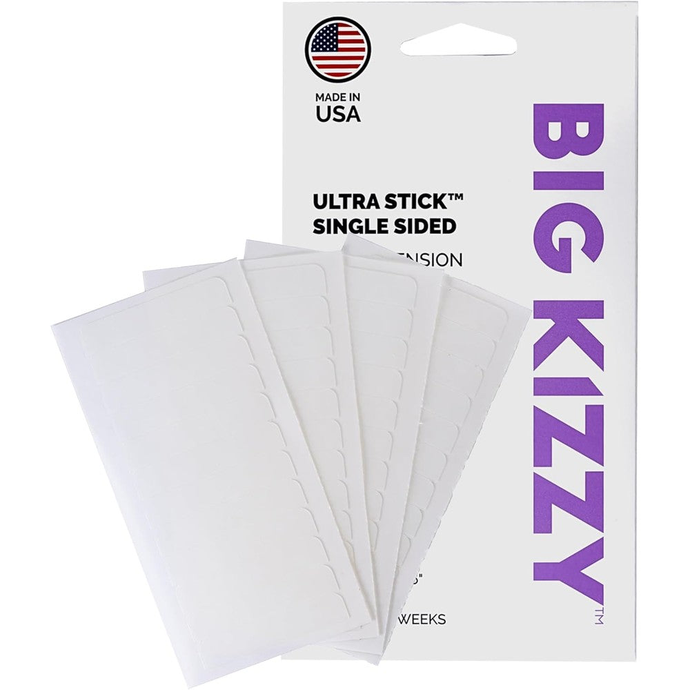 Big Kizzy Single Sided Ultra Stick Replacement Tape for Hair Extensions front view showing forty eight tab sheet pack