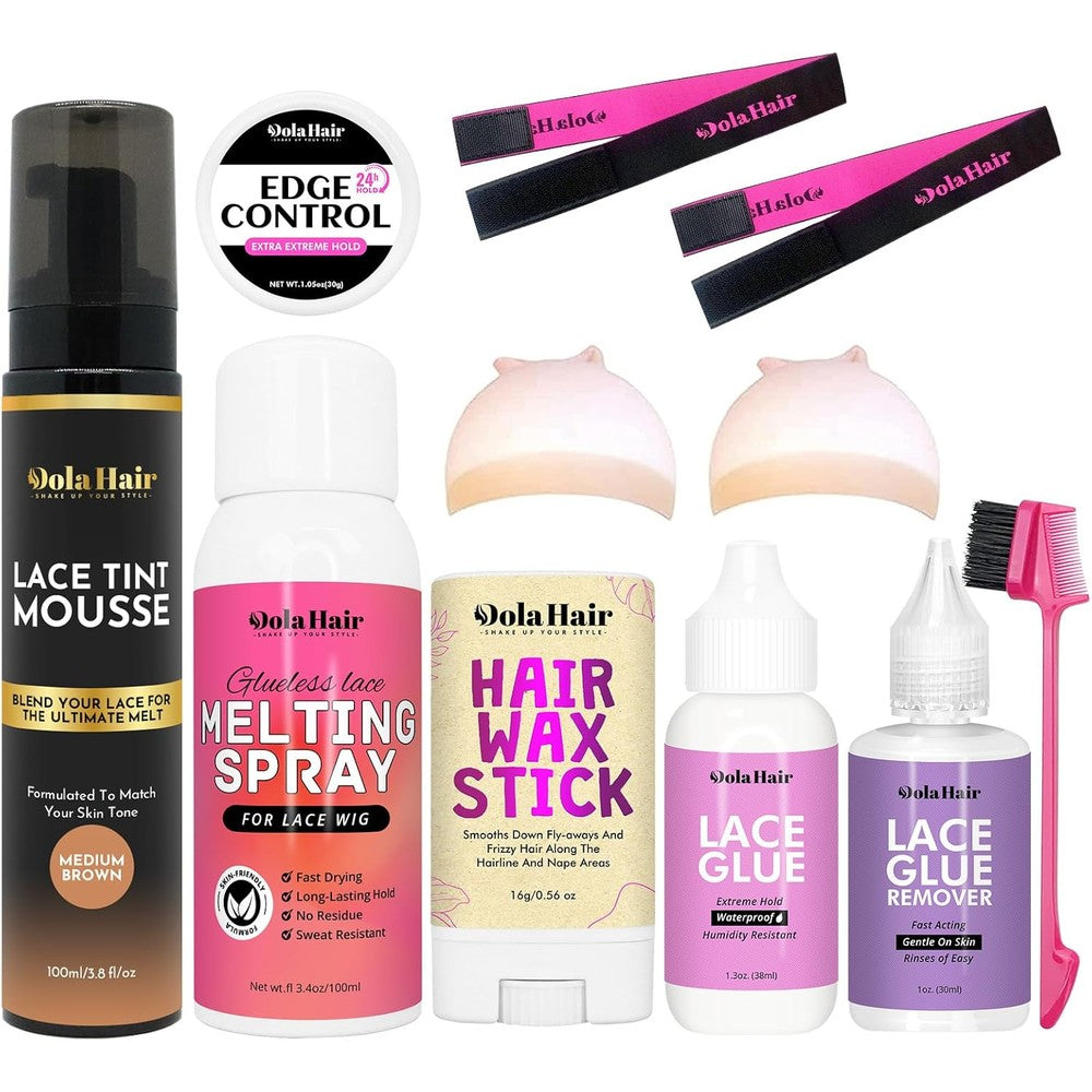 Dolahair Lace Glue Kit packaging and complete installation set components front view.