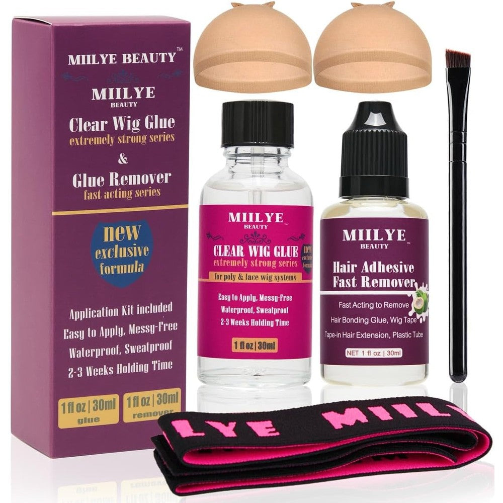 MIILYE BEAUTY clear wig bond glue kit front packaging view featuring the adhesive bottle and remover