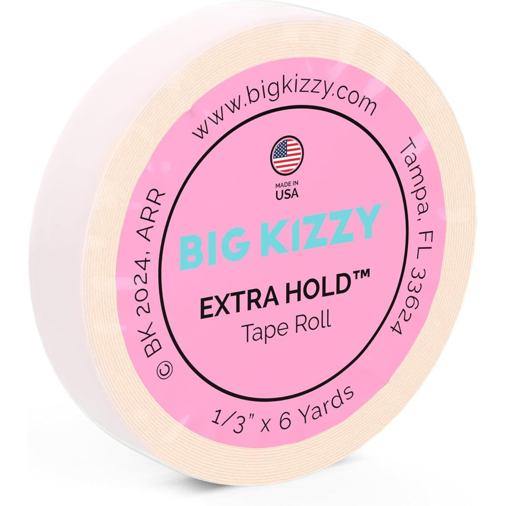 Big Kizzy Extra Hold Double Sided Hair Extension Tape Roll front packaging view showing medical grade adhesive details.
