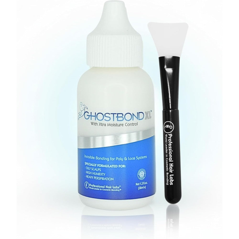 GHOSTBOND XL hair replacement adhesive front view bottle with silicone applicator tool