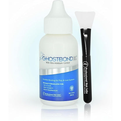 GHOSTBOND XL hair replacement adhesive front view bottle with silicone applicator tool