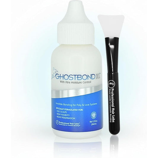 GHOSTBOND XL hair replacement adhesive front view bottle with silicone applicator tool
