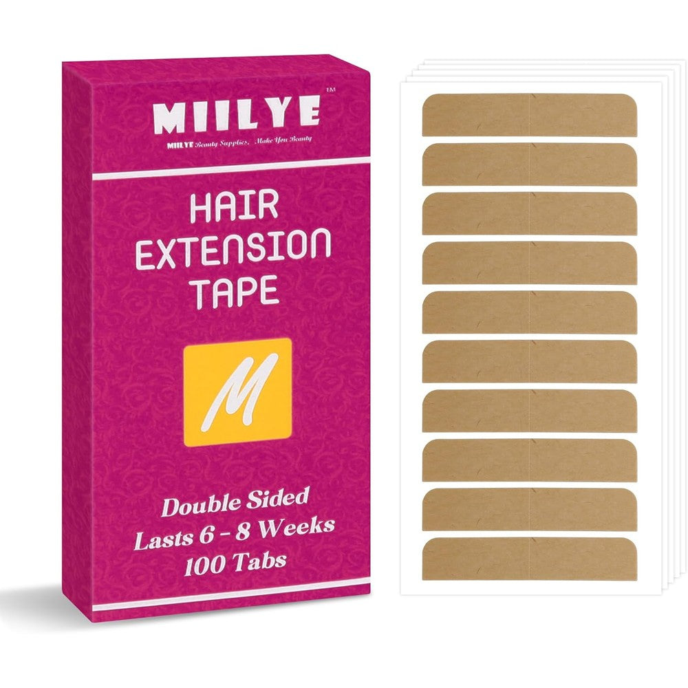 MIILYE Hair Extension Tape 100 Tabs front packaging view showcasing authentic double sided replacement adhesive sheets.