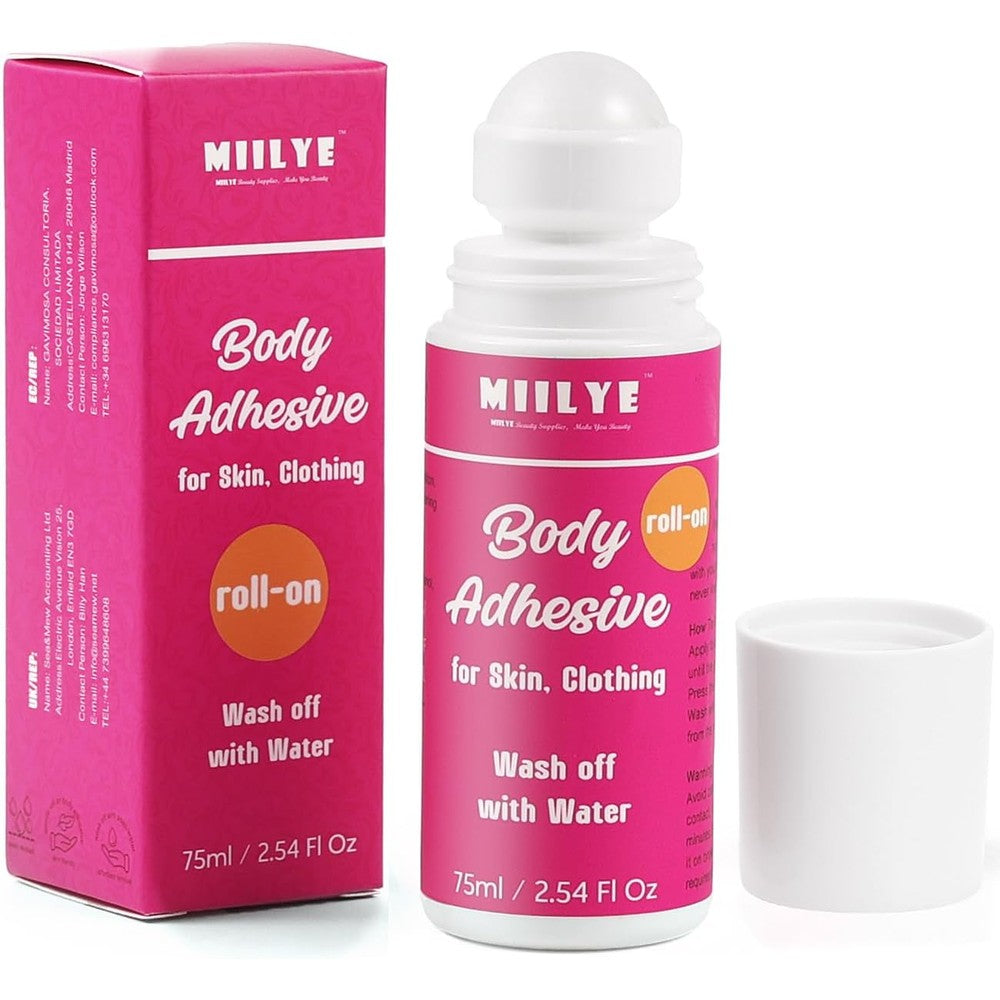 MIILYE Body Adhesive Roll On front view of the two point fifty four ounce bottle showing branding and application details.