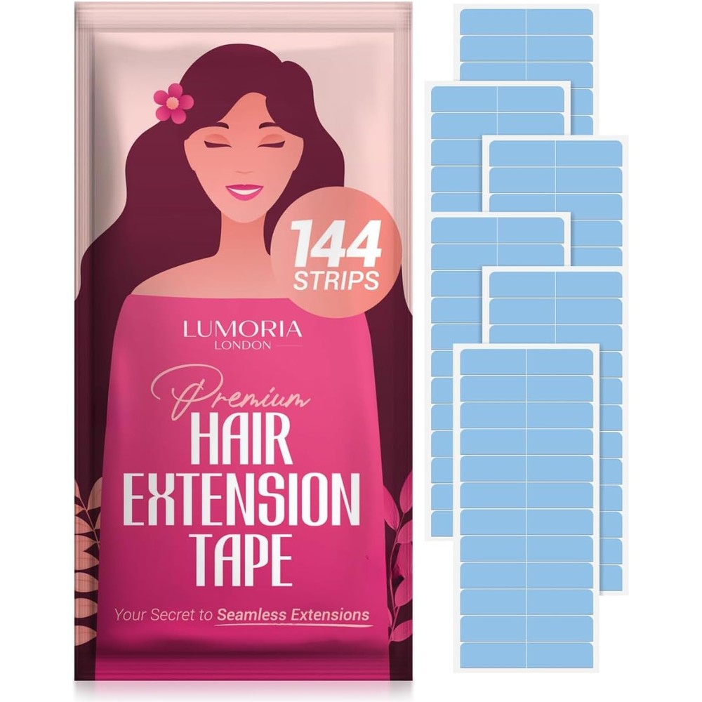 LUMORIA Hair Extension Tape front view of the package showing one hundred and forty-four clear adhesive tabs