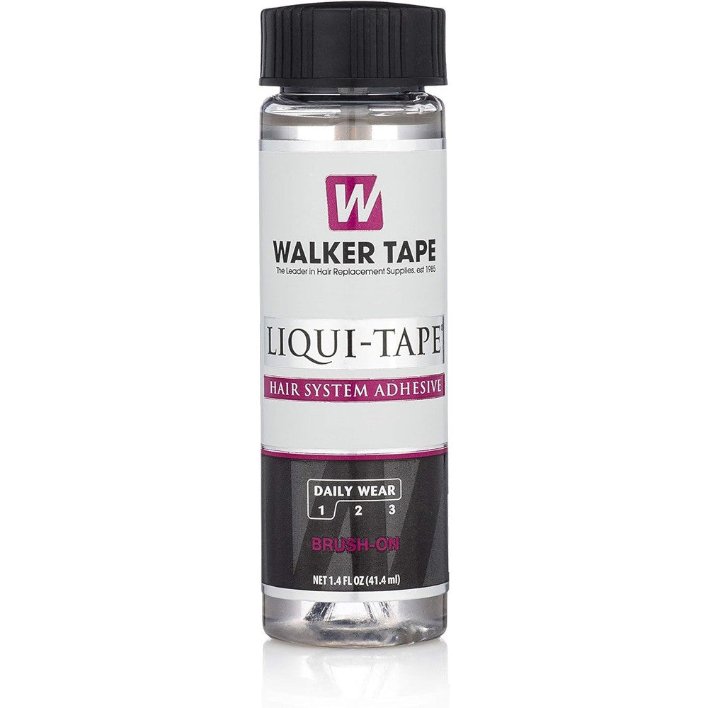 Walker Tape Liqui-Tape 1.4 Ounce brush-on bottle front view professional hair system adhesive.