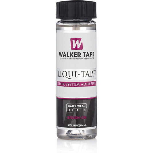 Walker Tape Liqui-Tape 1.4 Ounce brush-on bottle front view professional hair system adhesive.