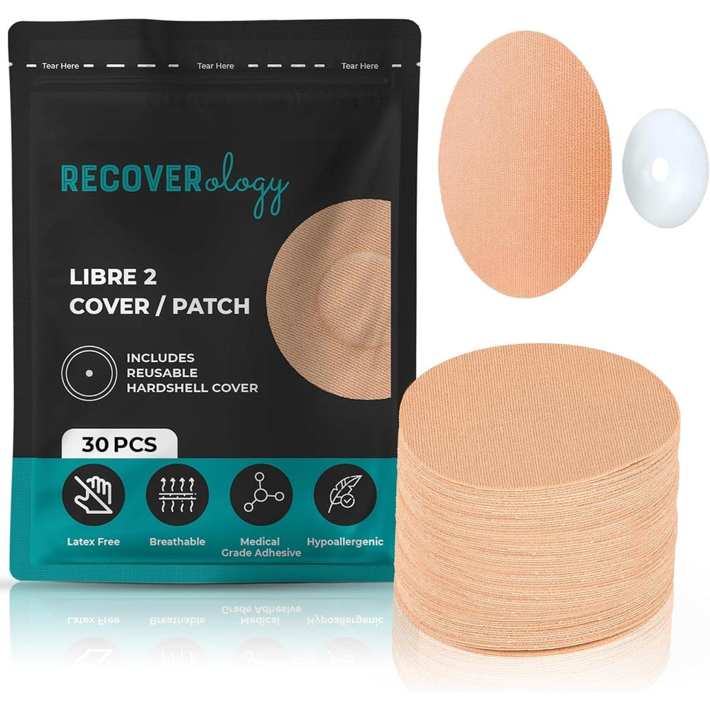 Recoverology Freestyle Libre 2 Sensor Covers front packaging with 30 tan patches.