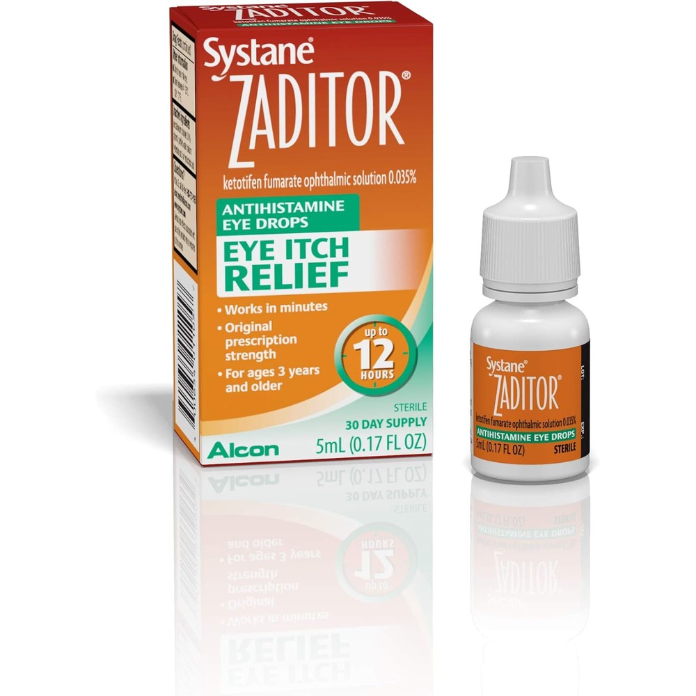 Alcon Zaditor Antihistamine Eye Drops 5 Milliliter box front view for allergy itch relief