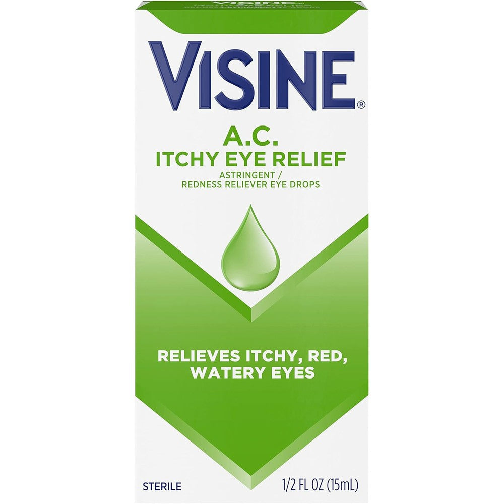Visine A.C. Itchy Eye Relief Eye Drops front view packaging for seasonal allergy relief.