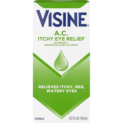 Visine A.C. Itchy Eye Relief Eye Drops front view packaging for seasonal allergy relief.