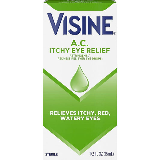 Visine A.C. Itchy Eye Relief Eye Drops front view packaging for seasonal allergy relief.