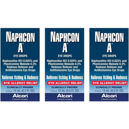 Alcon Naphcon A Allergy Relief Eye Drops front view pack of three for red itchy eyes