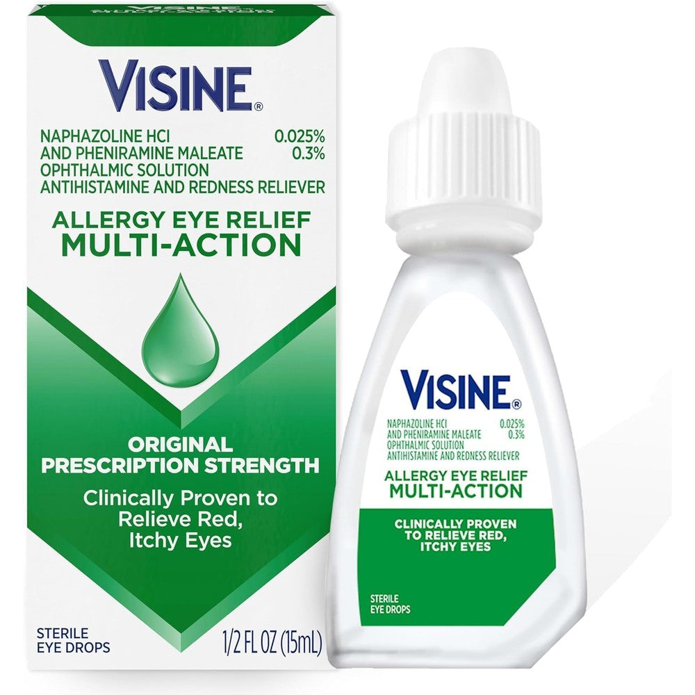 Visine-A Eye Allergy Relief Antihistamine and Redness Reliever Eye Drops front packaging for seasonal allergy comfort.