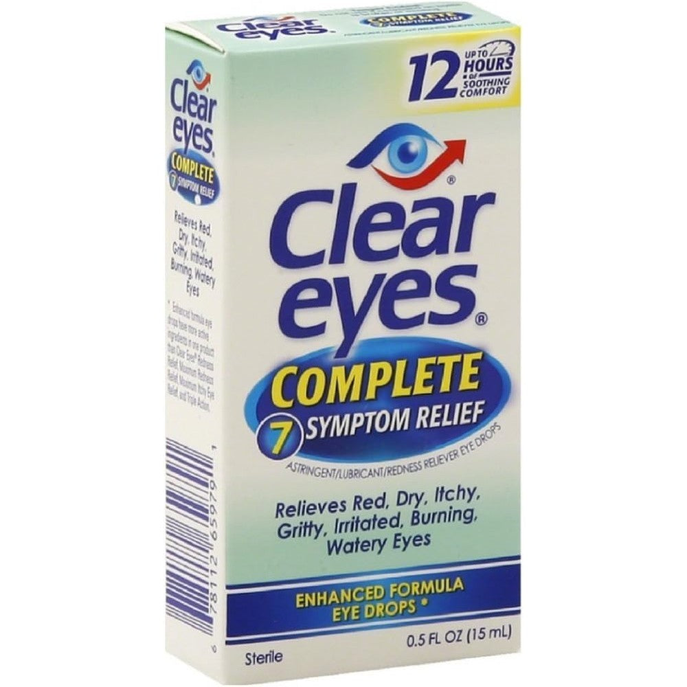 Clear Eyes Complete 7 Symptom Relief Eye Drops twin pack front view for multi-symptom eye irritation relief