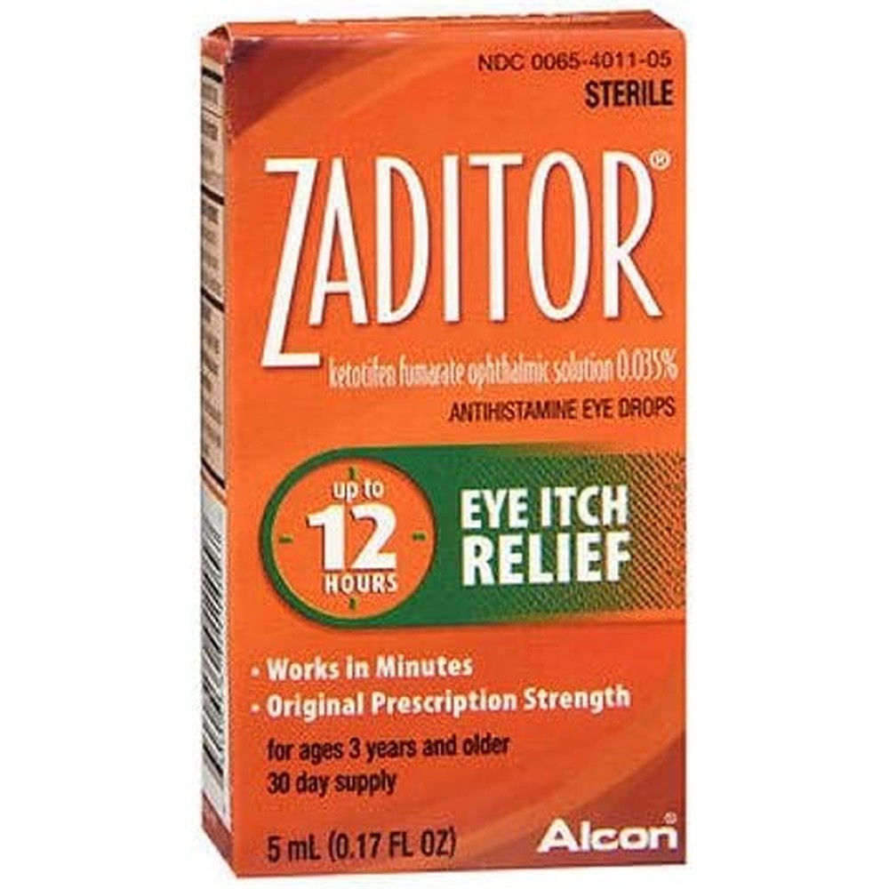 Zaditor Antihistamine Eye Itch Relief Drops front view package showing four bottles for allergy symptom relief.